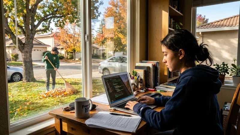High school student coding a web platform on a laptop while a teenager rakes autumn leaves in a front yard outside