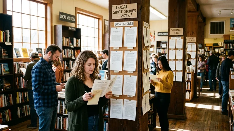 Bookstore visitors in Fremont reading printed flash fiction stories posted on indoor structural pillars and holding paper ballots
