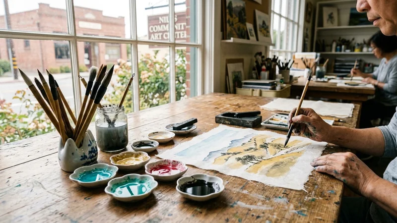 Traditional Chinese watercolor brushes, mineral pigment dishes, and a California landscape painting on rice paper at a gallery table in Niles, Fremont
