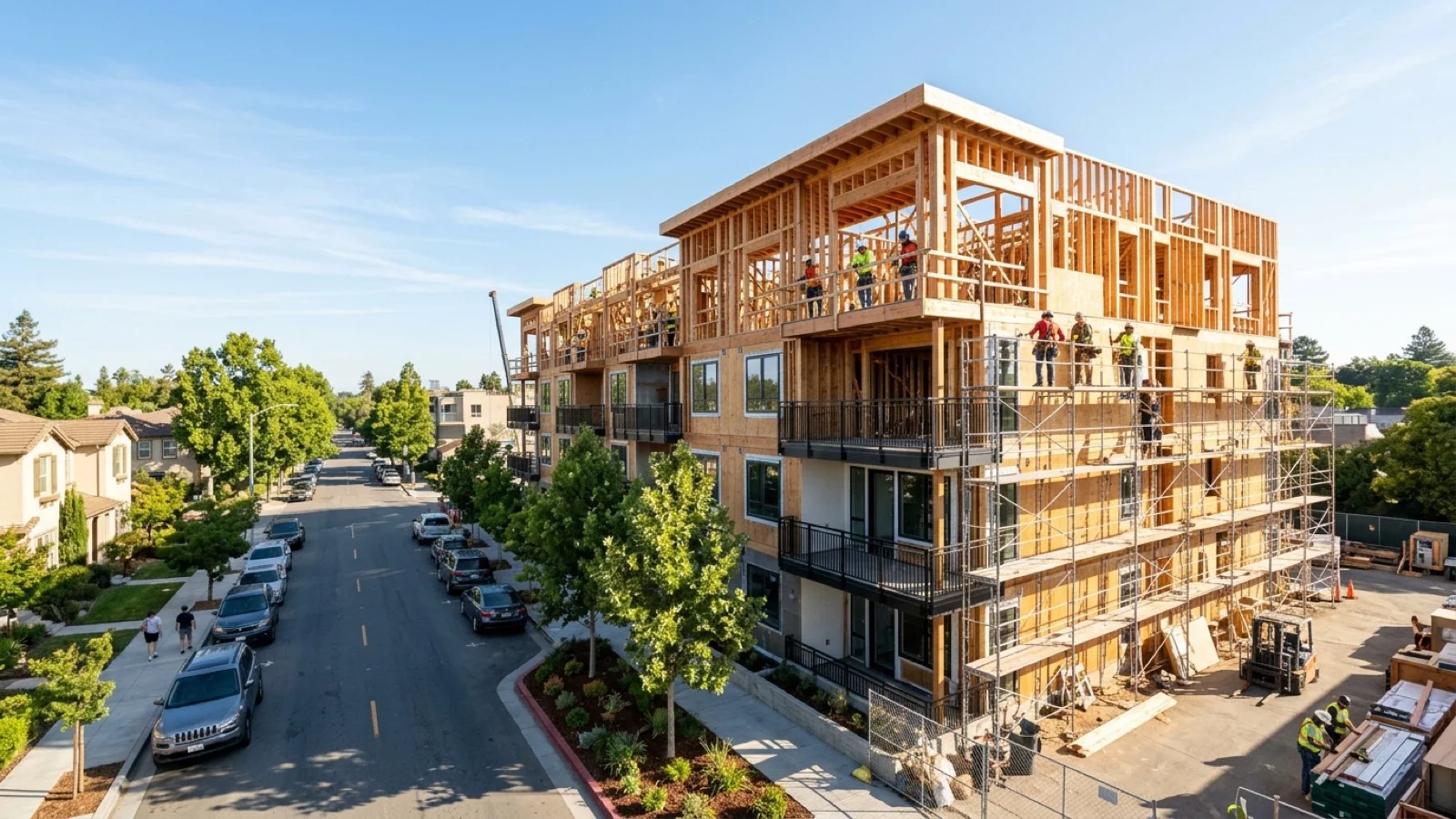 Multi-story residential apartment building under construction in a sunny California downtown neighborhood with trees and balconies