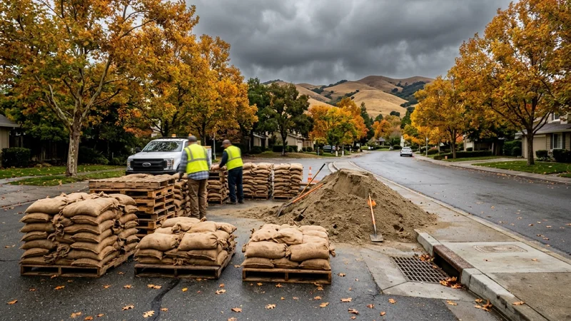 Municipal public works sandbag station and suburban storm drainage along a tree-lined street in Pleasanton, California