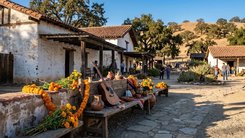 Autumn afternoon courtyard view at Alviso Adobe Community Park in Pleasanton with marigold floral arrangements and acoustic guitars
