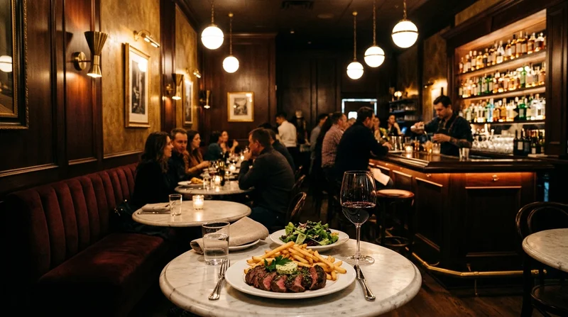Warmly lit French-inspired supper club interior on First Street in downtown Livermore with velvet seating, marble bistro tables, and a cocktail bar