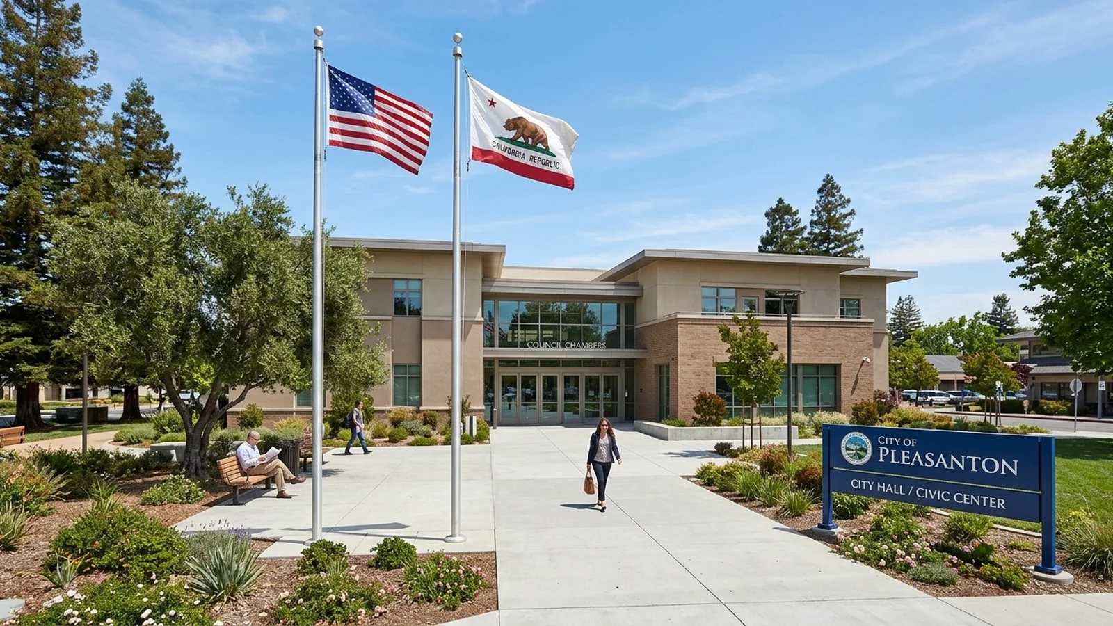 Pleasanton City Hall civic center where town council reviews Downtown Specific Plan and outdoor dining parklet standards