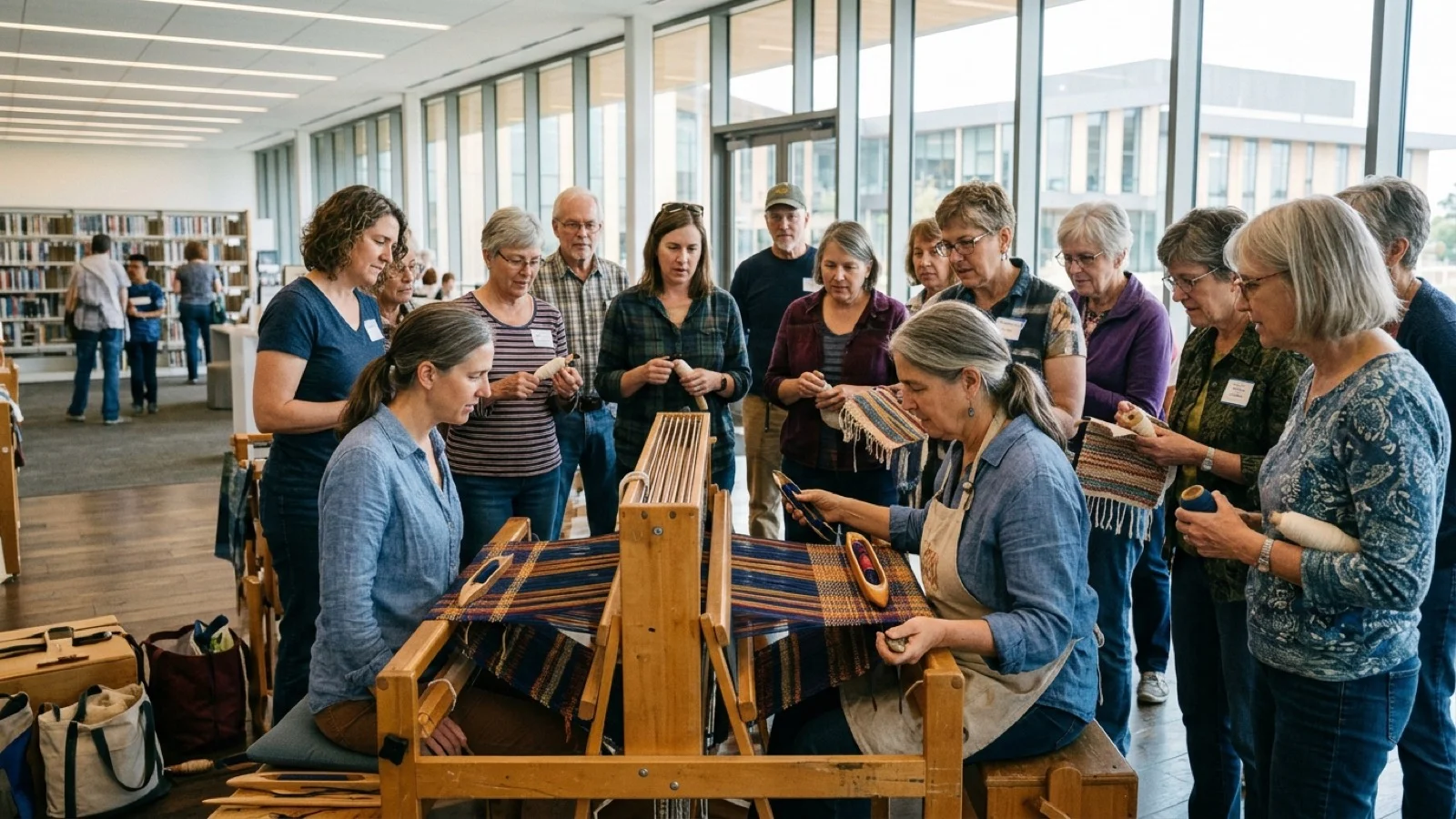 Artisan textile instructor demonstrating floor loom weaving techniques during workshop inside Livermore Civic Center Library