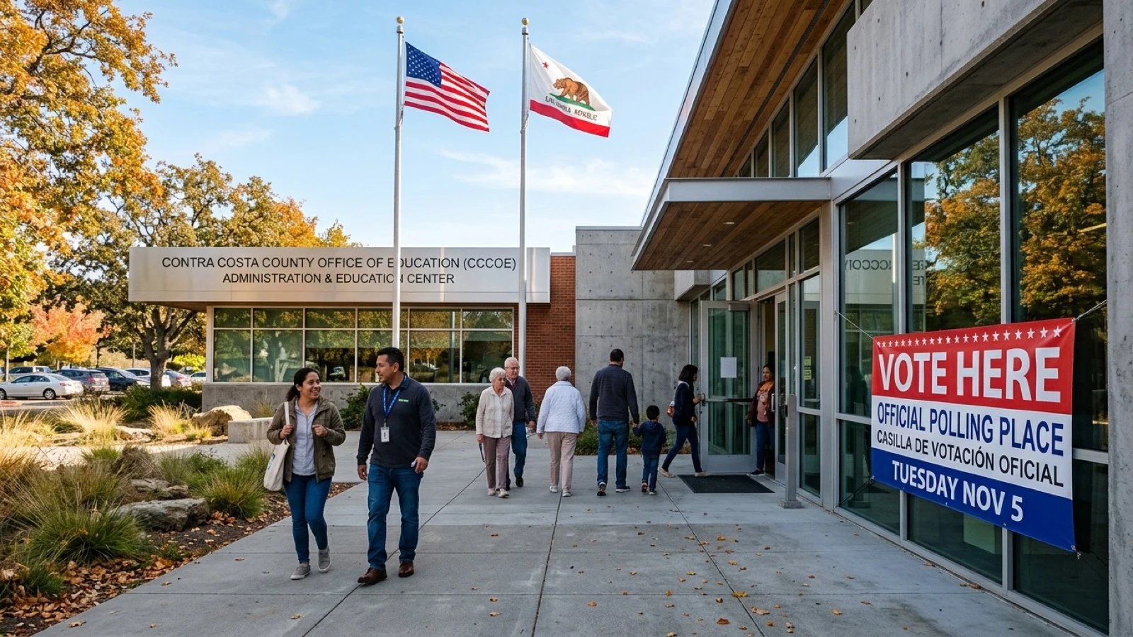Contra Costa County education center with official polling place banner and voters on autumn morning