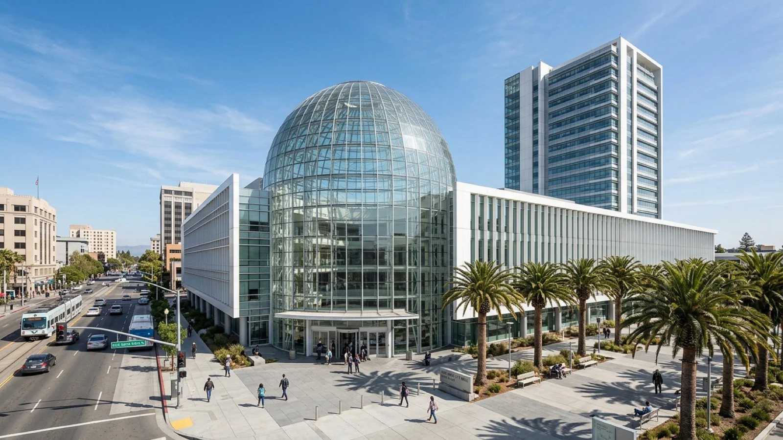 San Jose City Council chambers and plaza hosting public hearings on commercial data center electrical grid standards