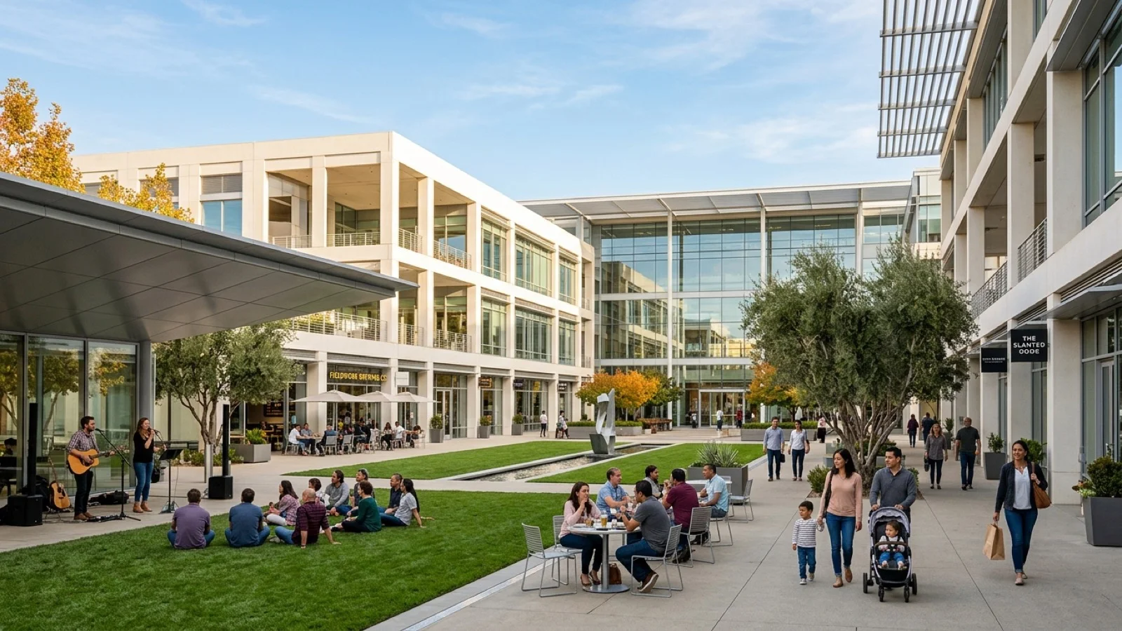 City Center Bishop Ranch transit plaza and civic corridor along Bollinger Canyon Road in San Ramon