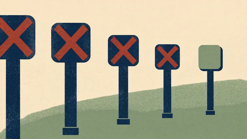 Stylized screenprint illustration showing five bus stop poles in a row on a green textured hill against a beige background; four poles have dark blue signs with bold red X marks, the rightmost pole has an unmarked green sign, all rendered in flat limited colors with visible texture.