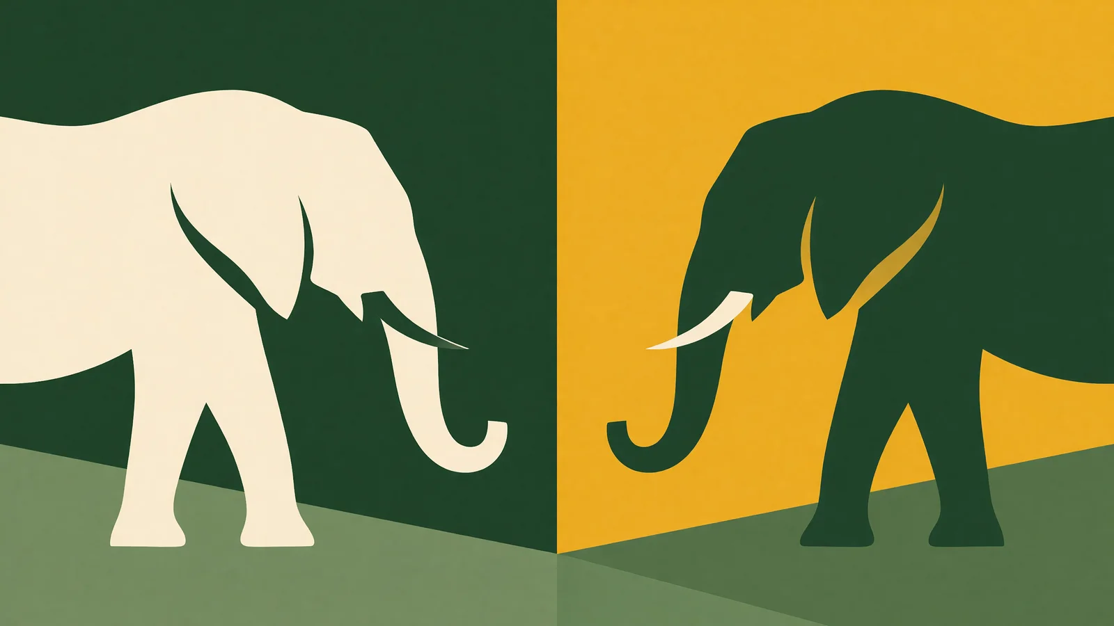 Two flat elephant silhouettes face each other across a vertical split: light beige elephant on deep green left, dark green elephant on warm gold right, with green ground plane below.