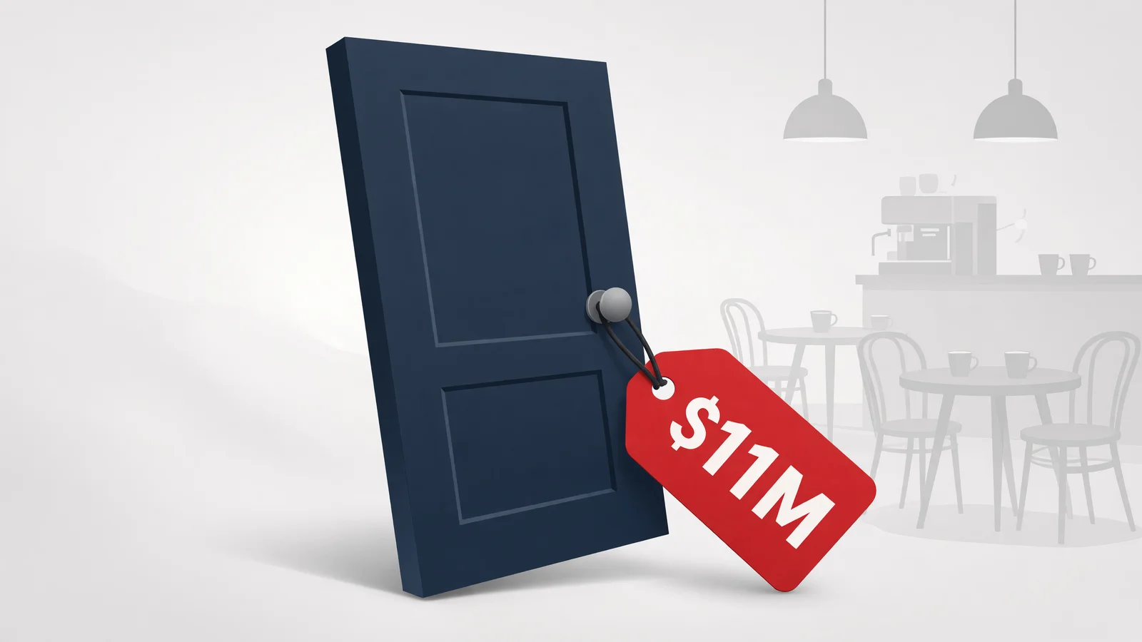 Dark blue paneled door with gray knob and red $11M price tag hanging from it, positioned at an angle against a light background with faint gray cafe tables and pendant lights visible behind
