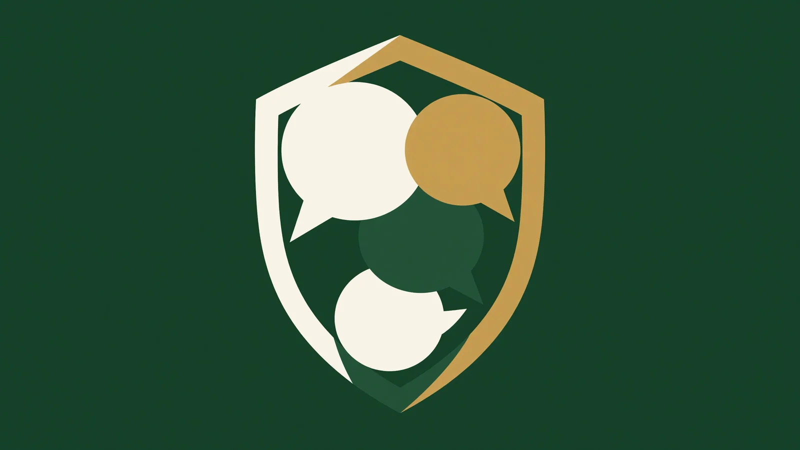 Flat vector shield outline in cream and gold containing three overlapping speech-bubble silhouettes in cream, gold and dark green on solid dark green field