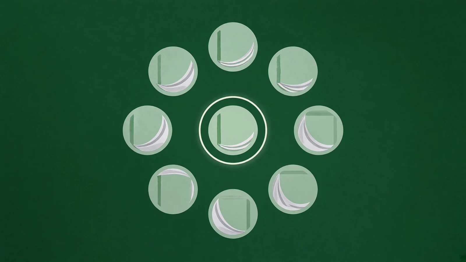 Nine light-green circular book icons arranged in a loose ring on a solid dark-green background, with one central icon highlighted by a thin white ring.