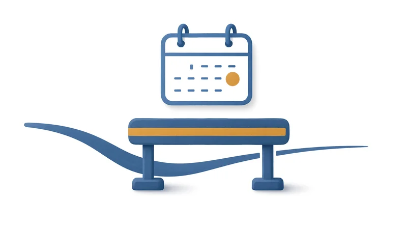 Clean vector illustration on white background showing a blue stylized horizontal barrier with yellow stripe and blue supports, wavy blue extensions on both sides, and a blue calendar icon with orange dot floating above center.