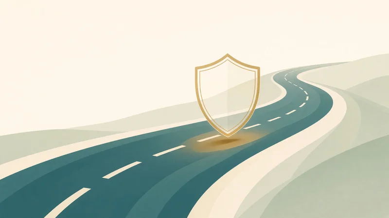 Stylized illustration of a curving teal road with white dashed lines on a light background, overlaid by a translucent shield icon with gold outline casting a soft glow