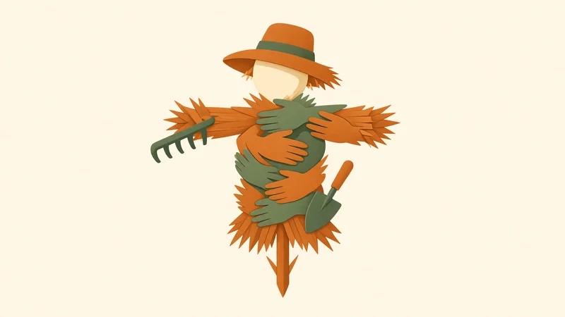 Illustration of a scarecrow figure with orange hat and straw body, assembled from overlapping green hands holding a rake and trowel, centered on light background.