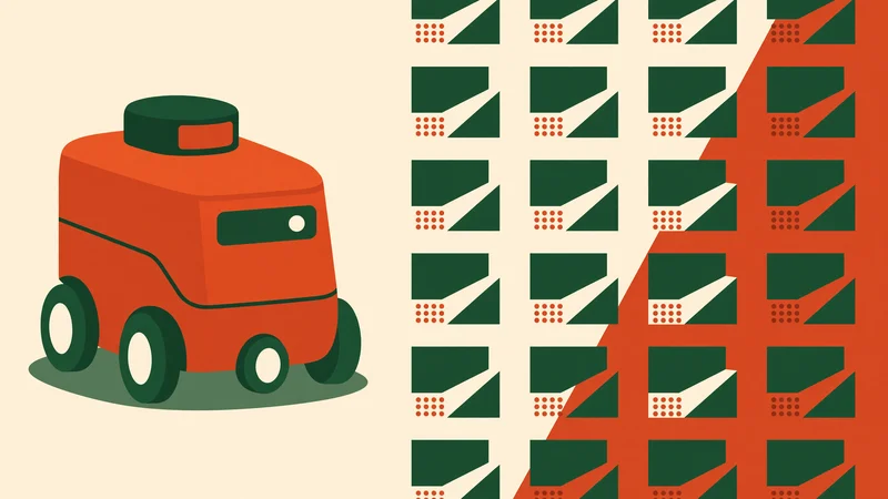 Red robot with rounded body, wheels and dark green top on left; right side shows grid of dark green rectangles with red dots and white diagonal cuts, overlaid by red angular shapes on light background
