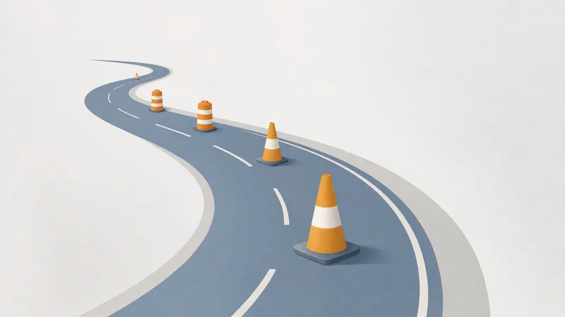 Stylized curving blue road with white dashed lines and four orange-and-white traffic cones placed along the curve on a plain light background.