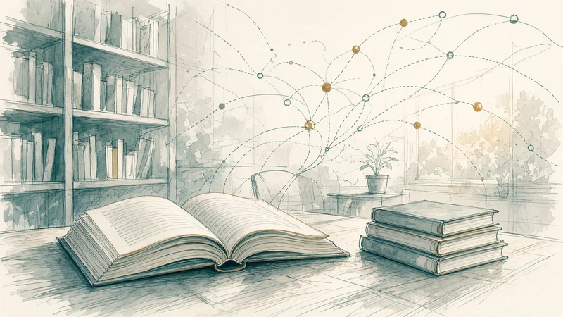 Ink and wash drawing of library interior: open book on table in foreground, stack of closed books to right, tall bookshelf on left, window with potted plant on right; faint blue dotted lines and small gold dots form loose network across scene on light paper background.