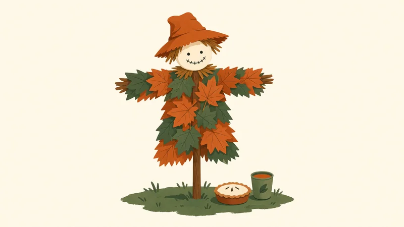 Stylized scarecrow with orange-brown hat, stitched smile face, and body of layered orange and green leaves, standing on a small grass patch; a miniature pie and green cup sit at its base against a plain light background.