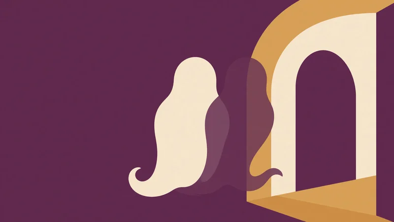 Flat illustration of two overlapping ghost silhouettes in cream and muted purple beside a stylized cream-and-gold arched doorway on a solid deep purple field