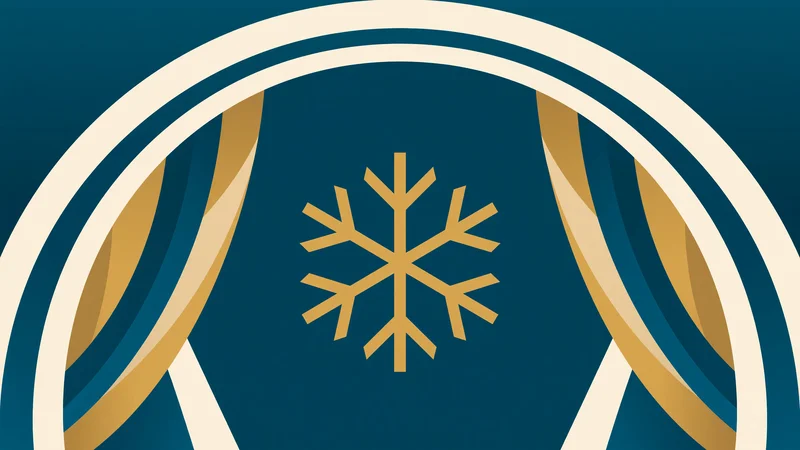 Dark teal field with centered golden snowflake, flanked by layered white and gold curved proscenium arches on left and right