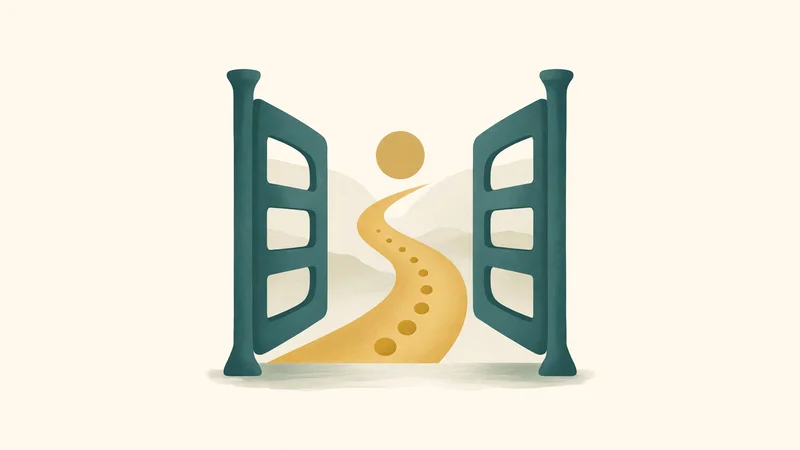 Stylized illustration of two open teal gates framing a curving yellow dotted path with a yellow sun above on a light background