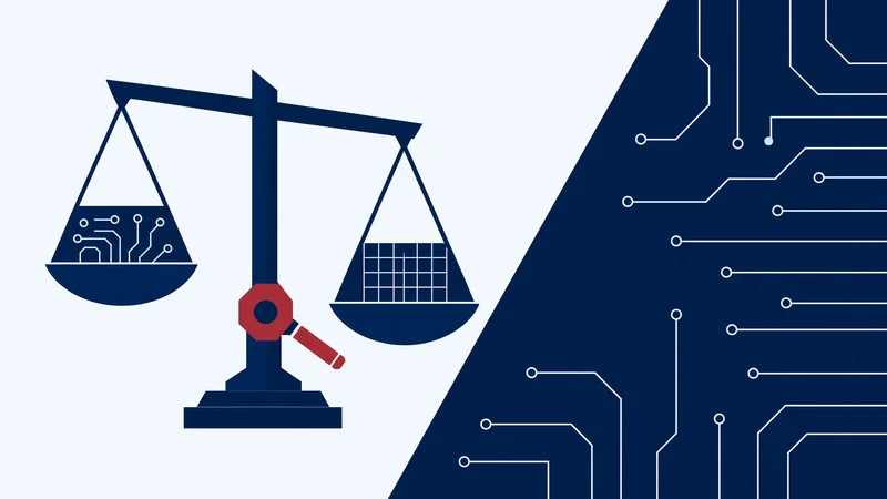 Flat geometric illustration of a balance scale: left pan holds circuit patterns, right pan holds a grid, red gavel forms the fulcrum, split background with light left and dark blue right side showing circuit lines.