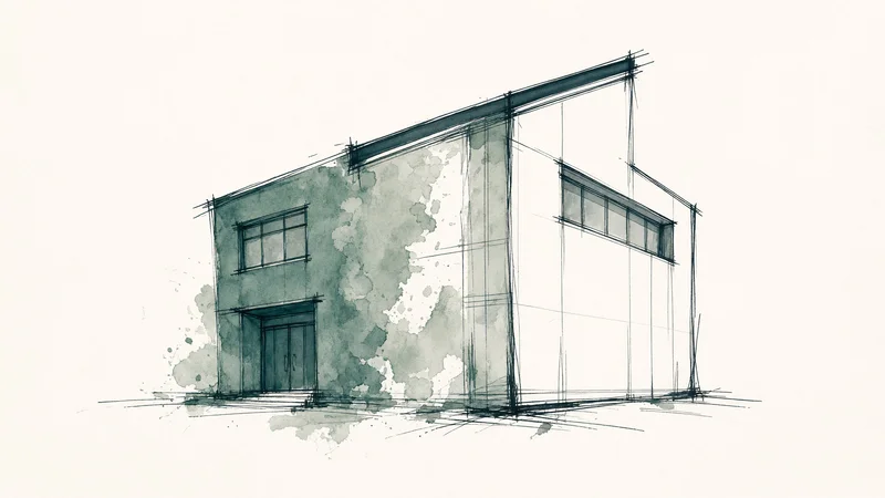 Ink line drawing of a two-story building with flat roof, windows and doors; selective muted green wash covers the left facade and base while the right side remains clean white paper.