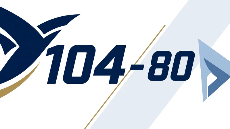 Bold navy blue numerals 104-80 centered on white field with dark blue stylized wing silhouette left, light blue geometric arrow right, thin gold diagonal line crossing through the score