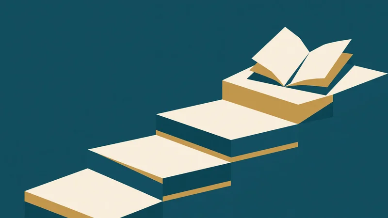 Flat geometric illustration of cream and gold book shapes forming ascending steps against a solid dark teal background, with an open book volume at the top right.
