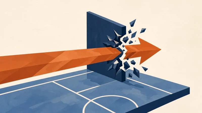 Orange arrow breaking through dark blue barrier with fragments, above blue basketball court lines on light background