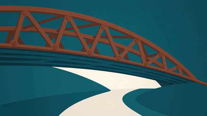 Geometric illustration of a brown steel truss bridge arching over a white winding path on a solid teal background