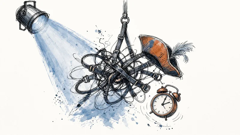 Ink illustration of a stage spotlight casting a blue beam onto a tangled black flying harness, an orange pirate hat with feather, and a small alarm clock on white paper with blue splashes.