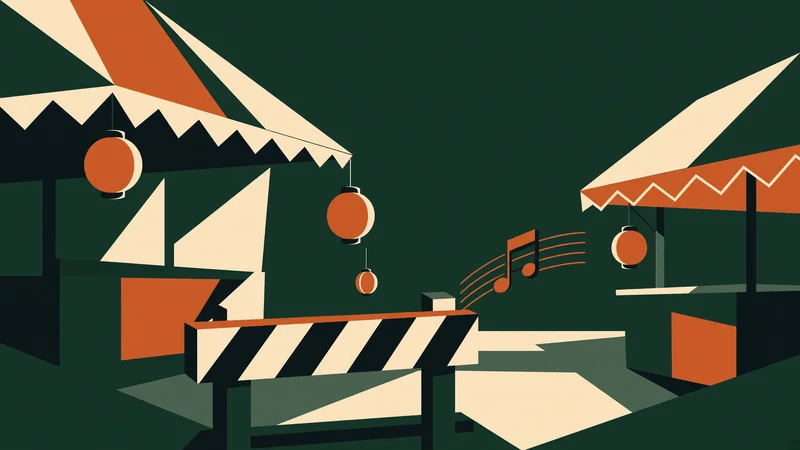 Geometric illustration of stylized vendor awnings in orange and cream, hanging orange lanterns, a black-and-white striped barrier, and orange musical notes on a dark green background.
