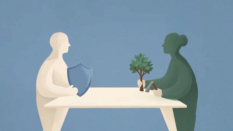 Two stylized figures seated at a white table against a solid blue background; left figure is off-white holding a blue shield, right figure is dark green holding a small leafy tree and a hammer-like tool.