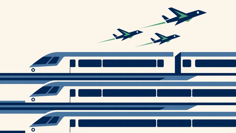 Three stacked blue geometric train silhouettes on light background with three small airplane shapes above right