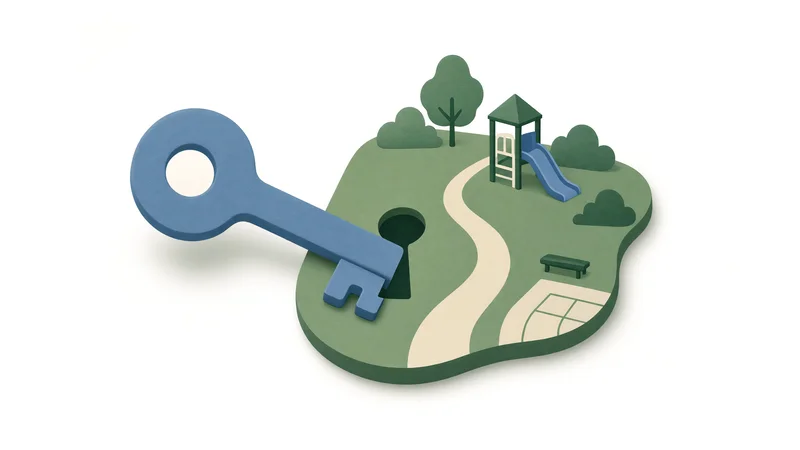 Blue key shape inserted into green park silhouette containing path, slide, trees, bench and grid area on white background