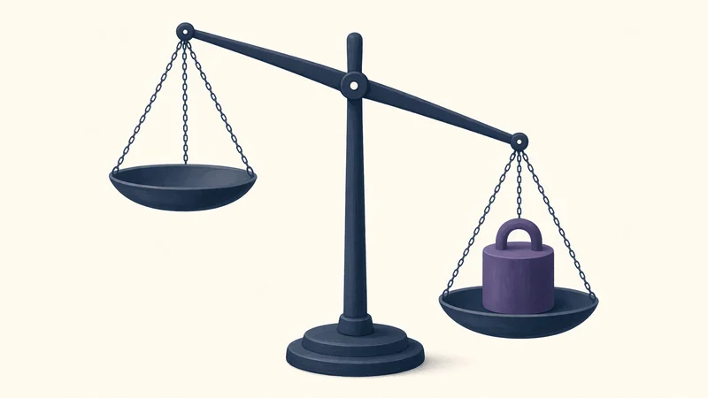Dark navy scales of justice tilted with empty left pan raised and right pan lowered by a solid purple cylindrical weight on a light beige background