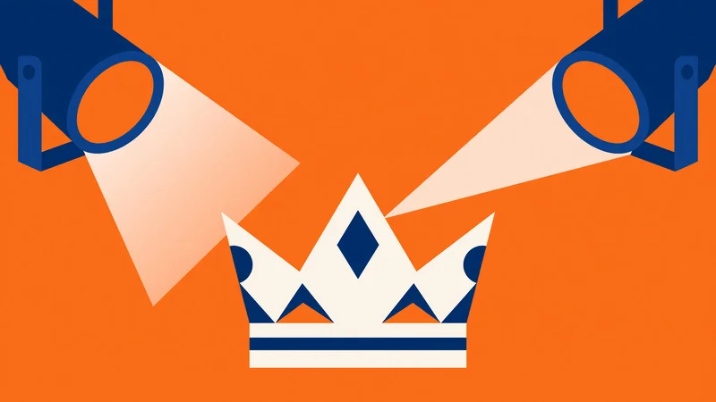 Two blue stage lights casting white beams onto a white and blue geometric crown silhouette centered on a solid orange field