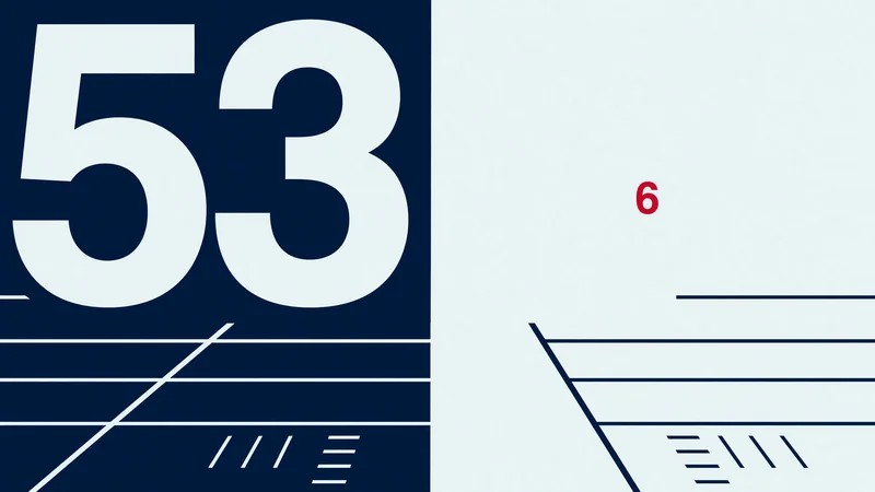 Split graphic: large white 53 on dark navy left with white yard lines; small red 6 on light blue right with dark yard lines