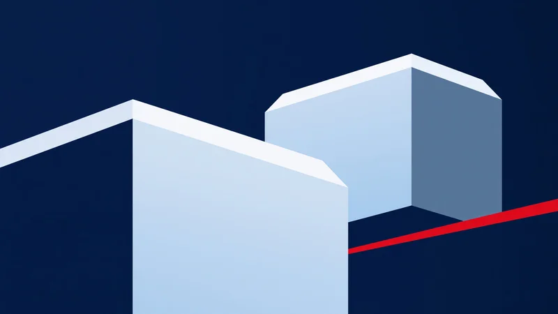 Two offset light-blue geometric rectangular volumes on dark blue field with thin red horizontal line at lower right
