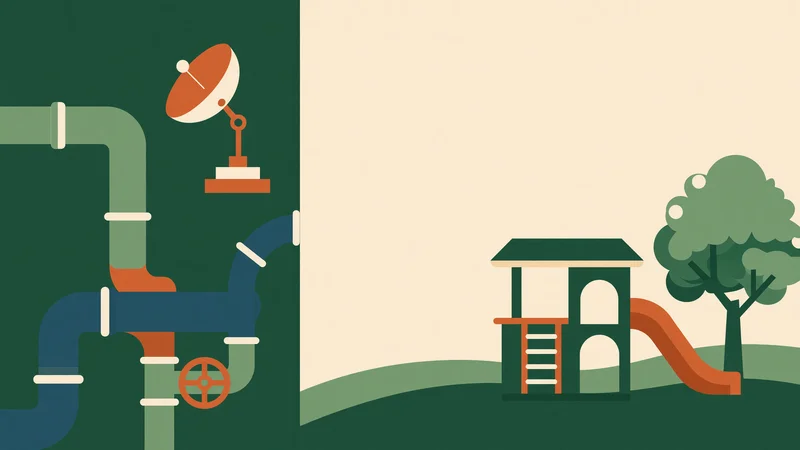 Vertical split illustration: left dark green panel with blue-orange pipes, satellite dish and valve; right light beige panel with green playground structure, slide and tree
