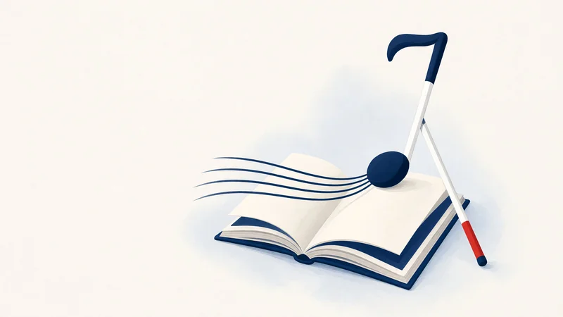 Open book with blue binding; dark blue musical note head on white stem ending in red tip resembling white cane; blue staff lines extending leftward on light background
