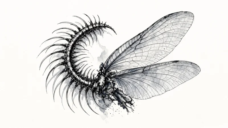 Black ink drawing of a hybrid insect with large veined wings and a curved spiky segmented body on white background
