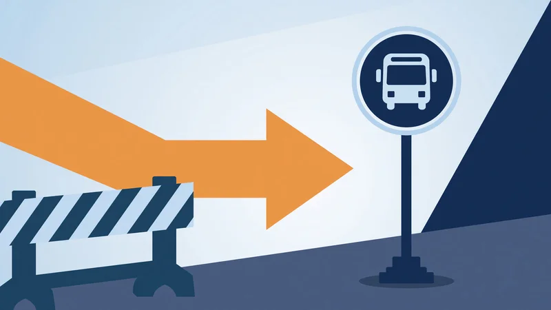 Flat illustration of dark blue bus stop pole with circular sign and white bus icon on right, large orange arrow pointing right, black-and-white striped barrier on left, light blue gradient background with dark angular shapes