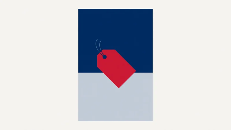 Red price tag overlapping the horizontal division between a dark blue upper rectangle and a light blue lower rectangle on an off-white field.