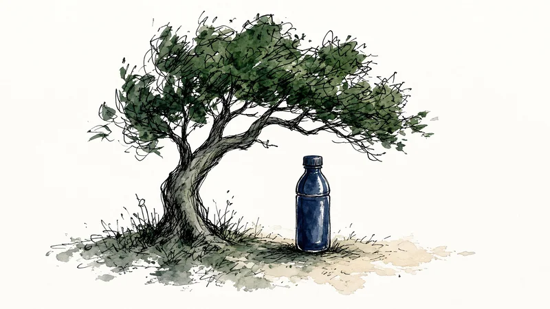 Ink drawing of a leafy tree with a blue water bottle standing beneath it on a patch of ground