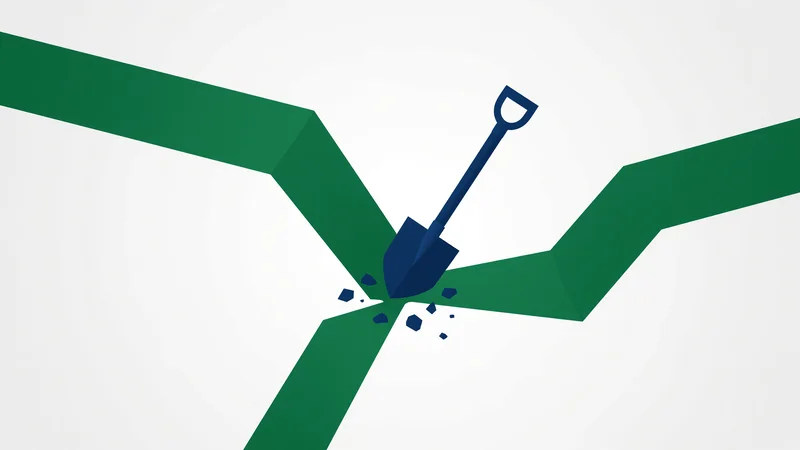 Flat geometric illustration of angular green path segments converging at a central junction on a white background, with a dark blue shovel blade inserted at the meeting point and small blue fragments scattered to indicate breaking ground.