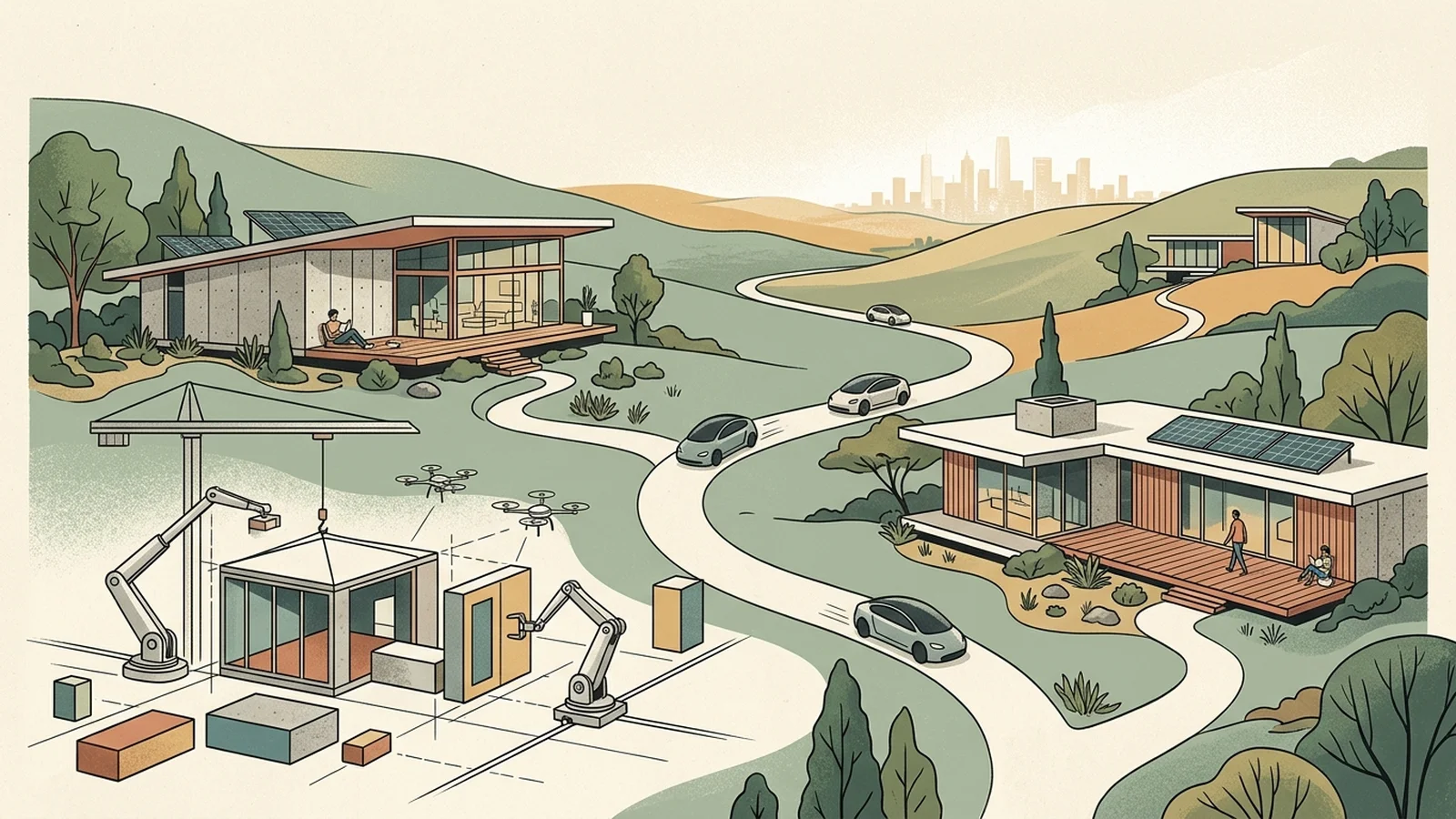 An editorial illustration depicting automated modular housing construction seamlessly connected by autonomous electric transit across scenic hills, symbolizing the physical convergence of AI in housing and transportation.